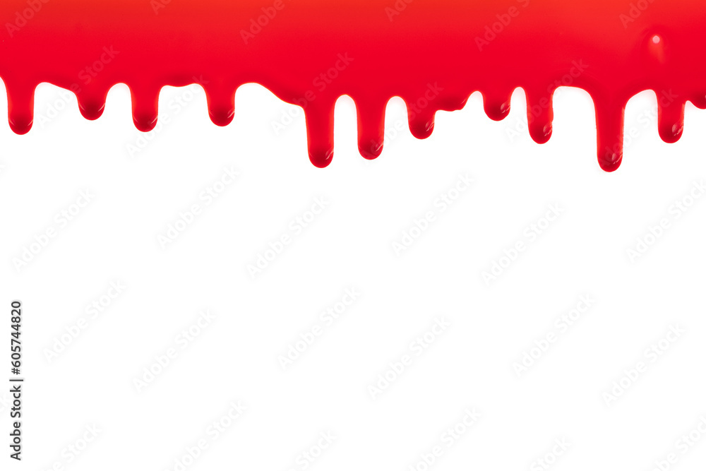 Dripping blood isolated on white background. Flowing bloody stains, splashes and drops. Trail and drips red blood close up. - obrazy, fototapety, plakaty 