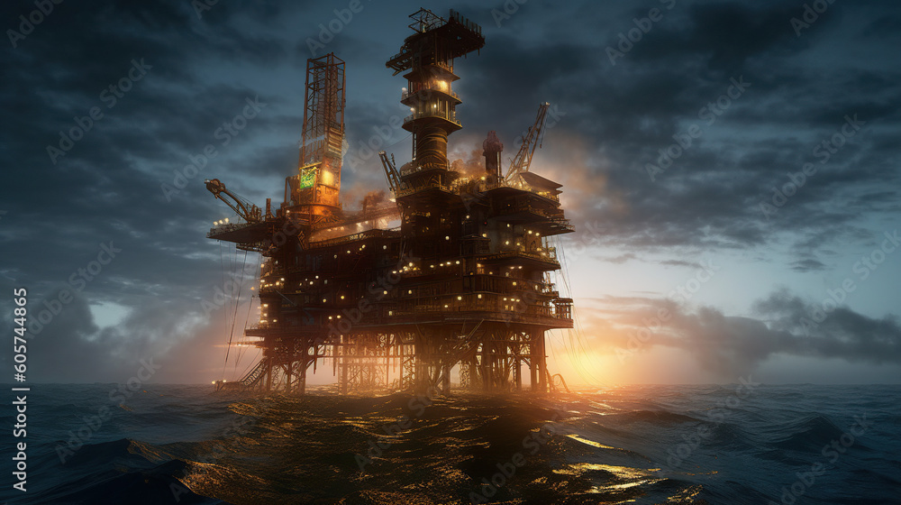 Illustration of oil extraction factory in the ocean. Oil extraction machinery in the ocean.