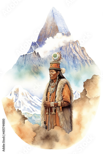 A painting of a native man standing in front of a mountain. Generative AI. Protective powerful pachamama, the Earth Mother spirit. photo