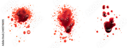 Set dripping blood isolated on white background. Collage flowing bloody stains, splashes and drops. Trail and drips red blood close up.