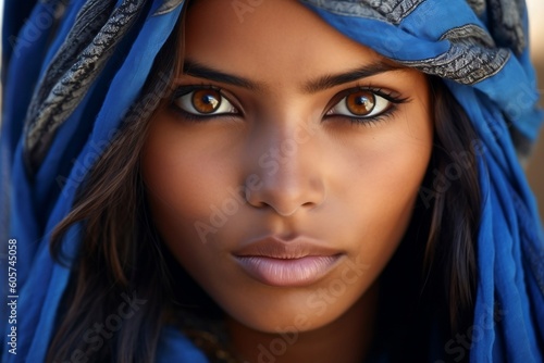 Portrait of Beautiful Tuareg Woman in Blue Silk Scarf Generative AI photo