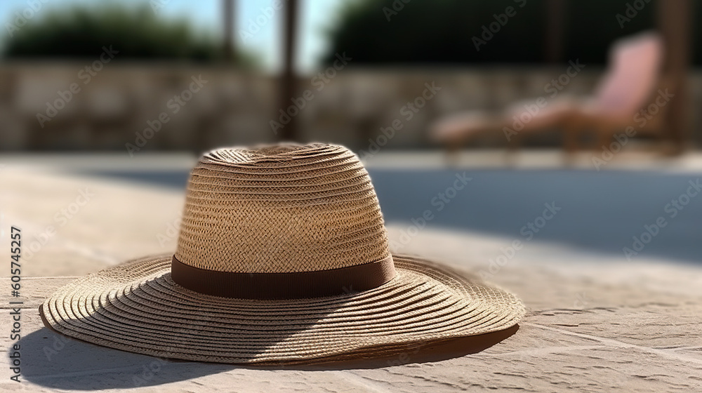 Sunny summer day and hat on the ground next to a swimming pool.