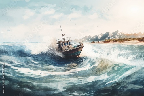 Watercolor art of boat on ocean with marine landscape. Generative AI