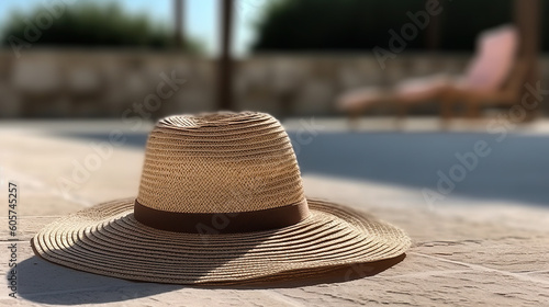 Sunny summer day and hat on the ground next to a swimming pool.