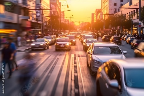 Lots of people walking around the city. Shot of cars and people in movement with motion blur. Blurred image, wide panoramic view of the road with people at sunset
