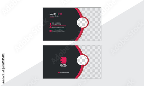 Modern design template for business card. Simple and clean design with a logo and a place for a photo. Creative layout corporate identity. With the color combinations of magenta and black. 