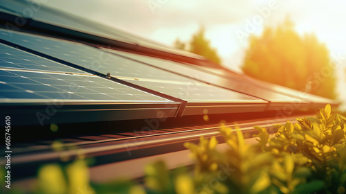 Close-up of a photovoltaic solar panel on a roof, generative ai