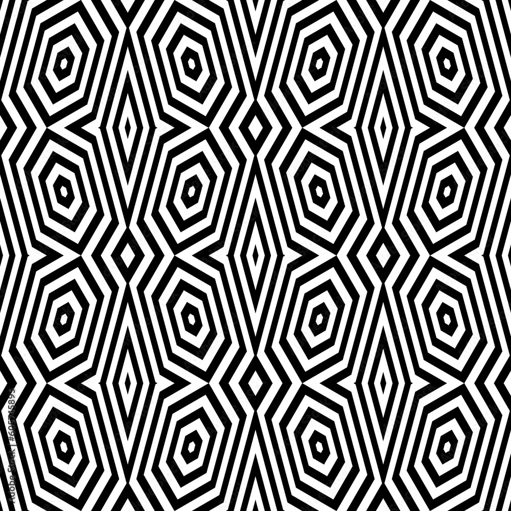 Black diamonds and lines on white background. Repeating hexagons and stripes abstract wallpaper. Seamless symmetric geometric surface pattern design. Digital paper for web design. Vector illustration Black diamonds and lines on white background. Repeating hexagons and stripes abstract wallpaper. Seamless symmetric geometric surface pattern design. Digital paper for web design. Vector illustration