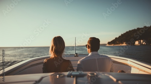 Woman and man relaxing on a yacht in a beautiful clear sea against the sunset. relaxing luxury. © imagemir