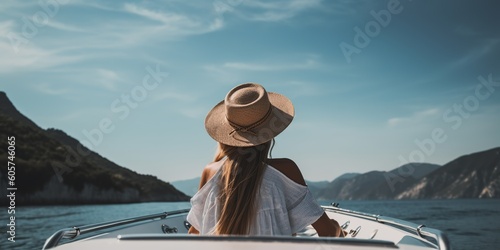 Woman relaxing on a yacht in a beautiful clear sea against the sunset. relaxing luxury. © imagemir