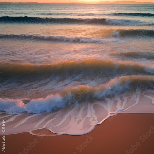 soft wave of blue ocean on sandy beach during sunrise. Soft wave on sand beach with beautiful rock texture - generative ai 
