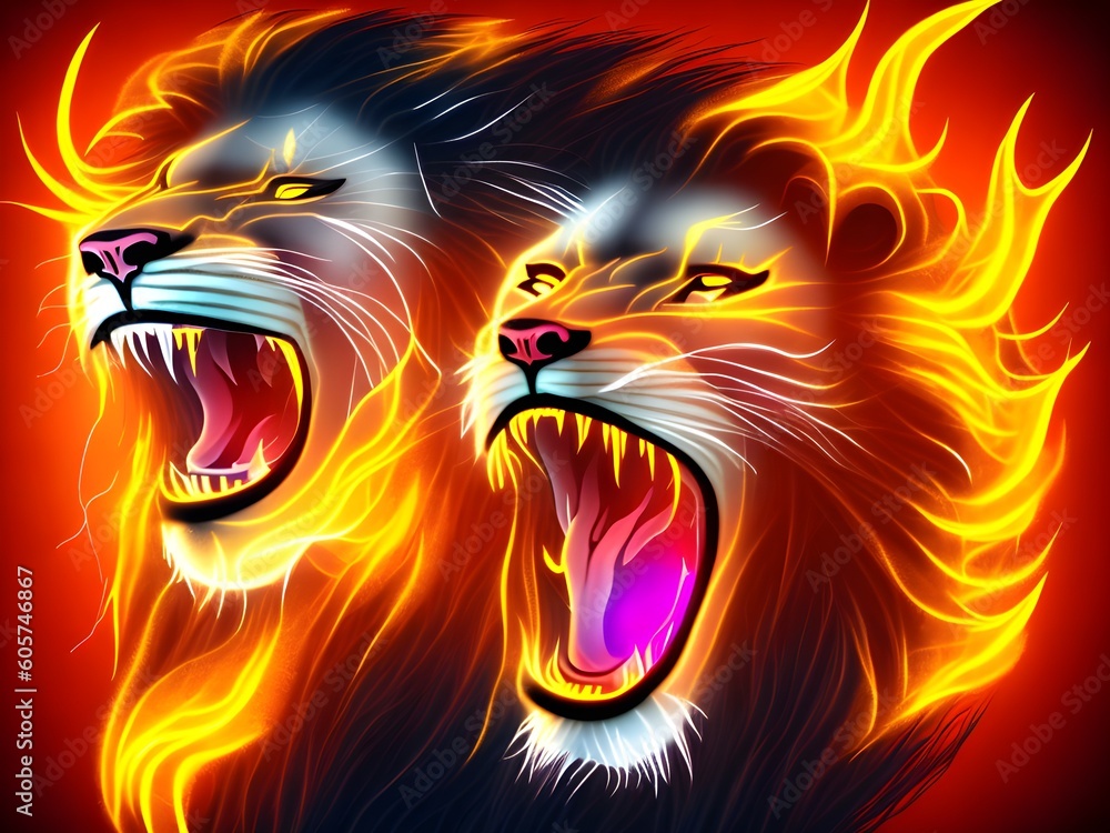 Roaring Lion with Flames, Generative AI Illustration Roaring Lion with Flames, Generative AI Illustration
