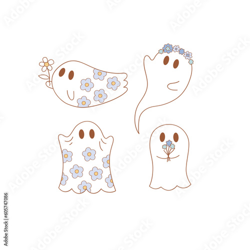 Floral ghost vector illustration. Flower Power aesthetic design element set for planner, sticker, scrapbook, poster, card , pattern, tee shirt