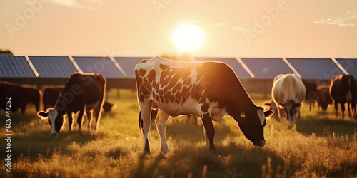 Cows grazing in the evening sun in front of solar panels, generative ai photo