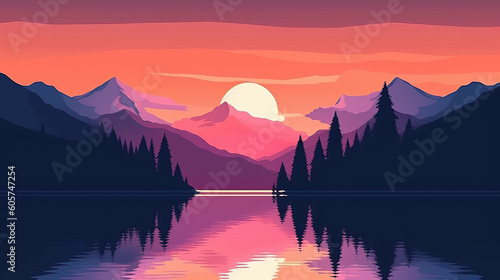 Illustration of sunset with mountains and pastel colors.