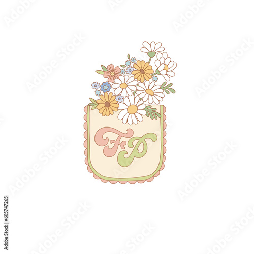 Little pocket with floral bouquet vector illustration. Flower Power aesthetic design element for planner, sticker, scrapbook, poster, card , pattern, tee shirt