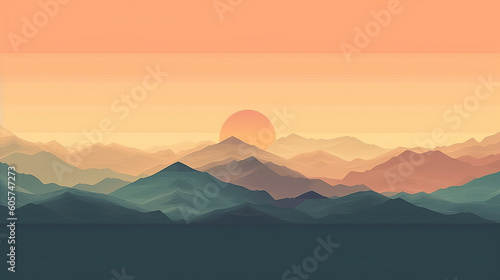 Illustration of sunset with mountains and pastel colors. © Gabi