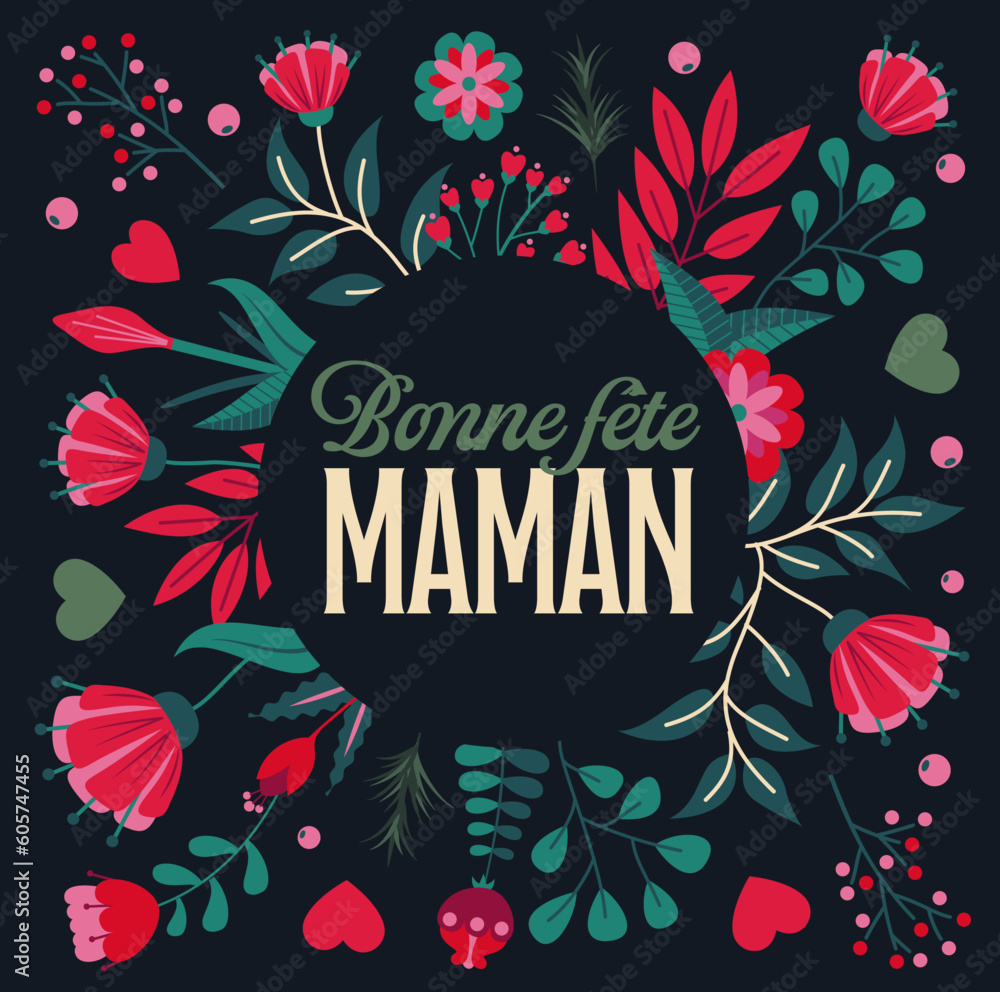Fototapeta premium Greeting card for Mother's day. To celebrate all mothers and say i love you to them. Floral ornaments, vector items separated. French copy, spring pattern.