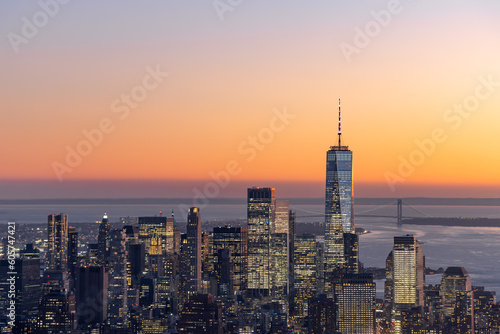 downtown Manhattan during orange sunset