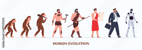 Illustration of human evolution. Development from ape to man and to humanoid robot. The progress of the human being. Vector illustration