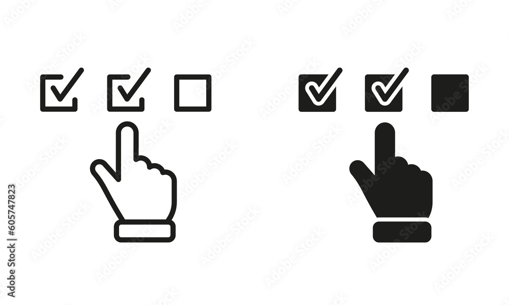 Questionnaire Black Line and Silhouette Icon Set. Hand Tick Checkmark Symbol Collection. Choice Checkbox in Checklist. Digital Application Pictogram. Isolated Vector Illustration Questionnaire Black Line and Silhouette Icon Set. Hand Tick Checkmark Symbol Collection. Choice Checkbox in Checklist. Digital Application Pictogram. Isolated Vector Illustration