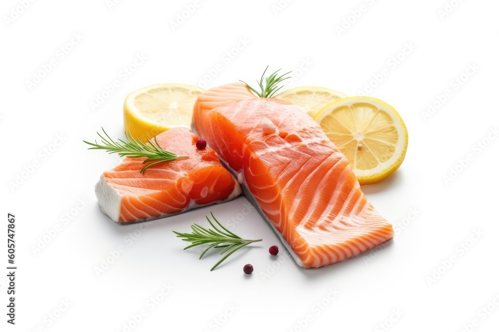 Raw Salmon with Lemon on a White Background. Generative AI Raw Salmon with Lemon on a White Background. Generative AI