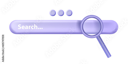 3D search engine bar, minimal web address button icon, magnifier, internet computer link box. Online research abstract concept, website URL explore design element. 3D search browser click clipart
