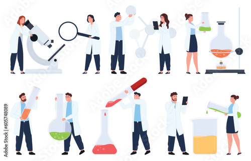 Scientists with objects hyperbolized test tubes  microscope  molecule symbol. The concept of chemical  biological research. Vector illustration