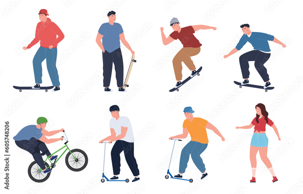 Teenagers on skates, scooters, bicycles have fun. Stunt sports, active lifestyle. Vector illustration