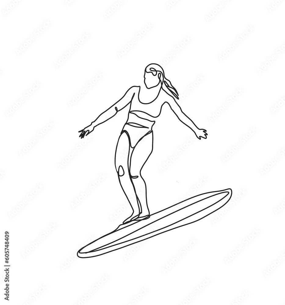 Surfing Girl Line Art Drawing