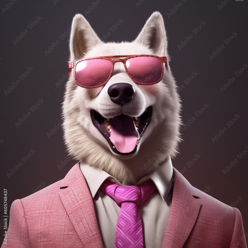 Obraz premium Suave Husky dog donning a fashionable business suit and sunglasses, showcasing a smart and confident appearance against a vivid and lively background. generative AI.