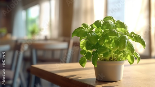 Amazing basil plant on table with space for text.