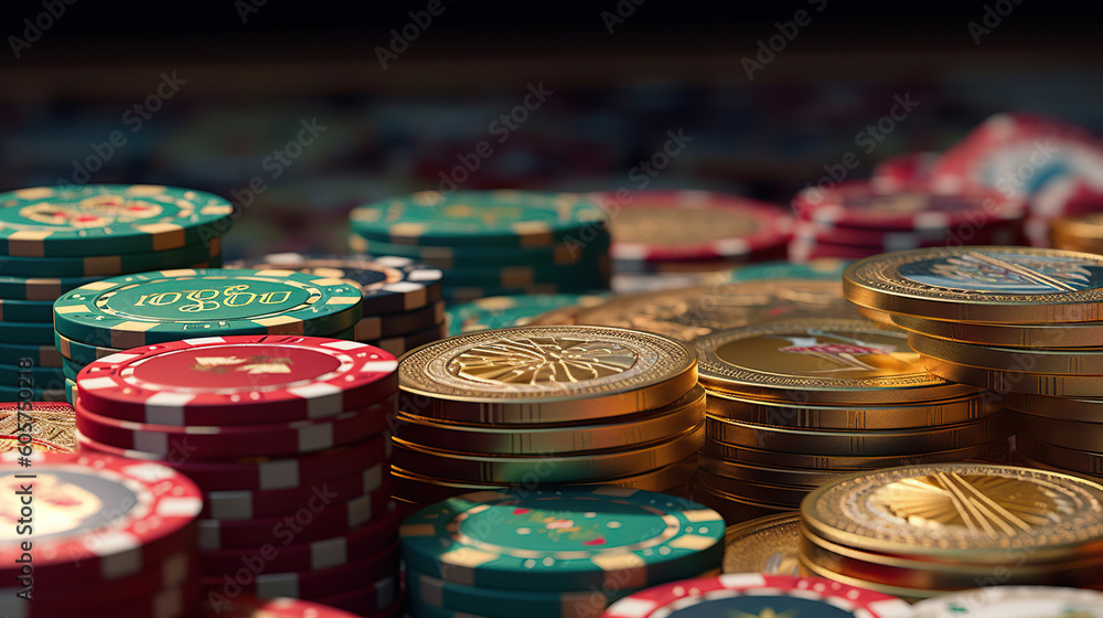 Stacked casino chips of many colors. Space for text. - obrazy, fototapety, plakaty 