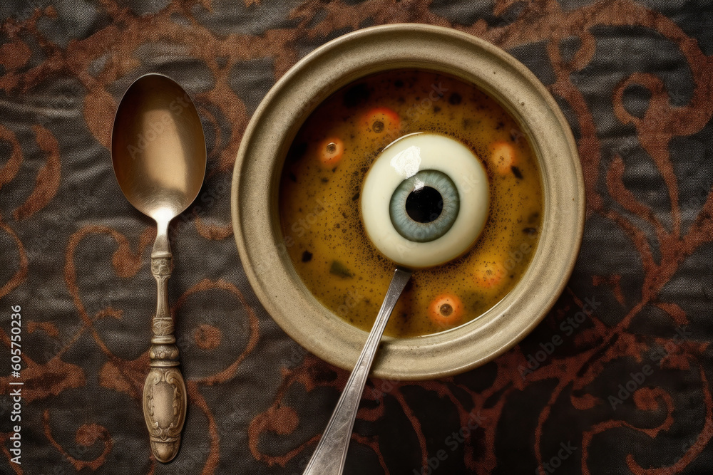 A bowl of halloween eyeball soup. Generative ai A bowl of halloween eyeball soup. Generative ai