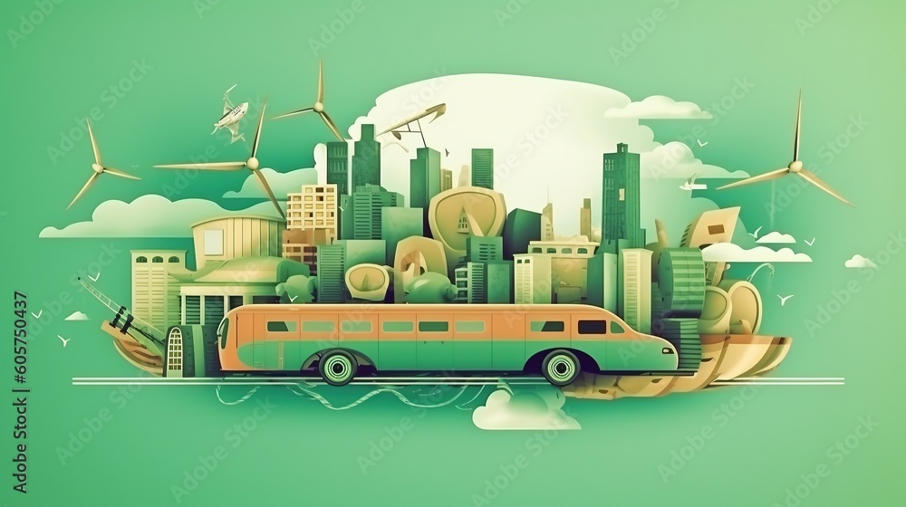 Naklejka premium Concept of Green Transportation Revolution, sustainable future; Banner copy space, ai generate