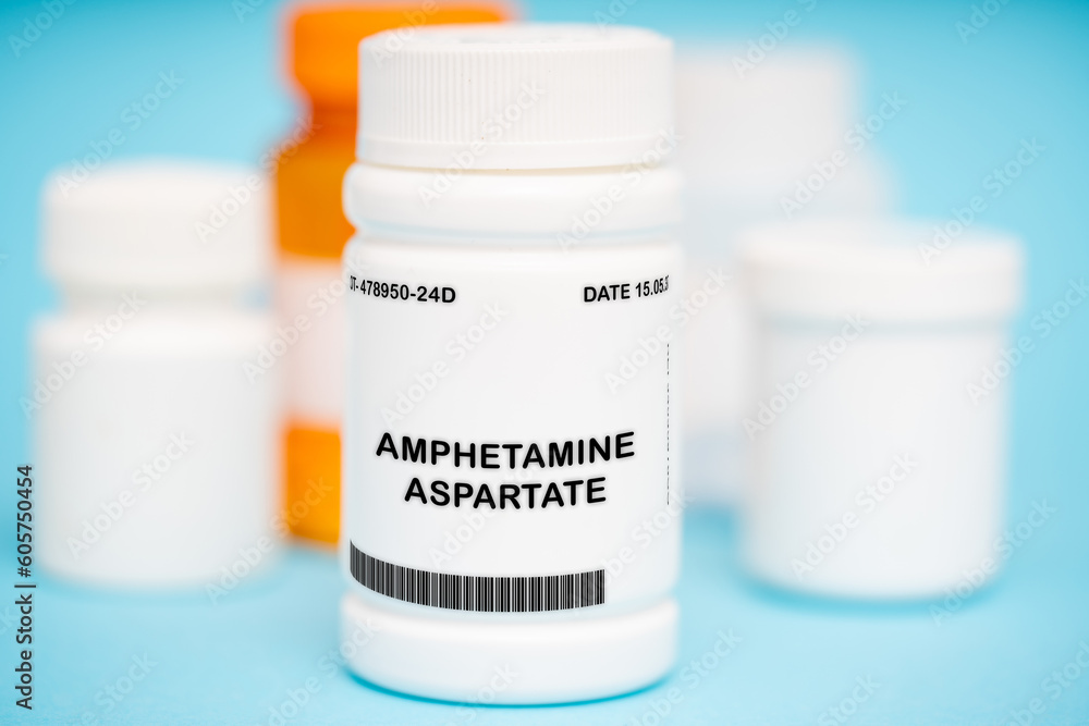 Amphetamine Aspartate medication In plastic vial Amphetamine Aspartate medication In plastic vial