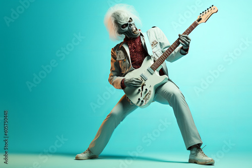 A zombie musician playing guitar. Halloween party. Generative ai