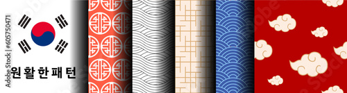 Korean Seamless Patterns. Collection of Asian designs for backgrounds, textiles and apparel. Set of graphics in oriental style for graphic and web projects. Traditional, vintage vector pack.