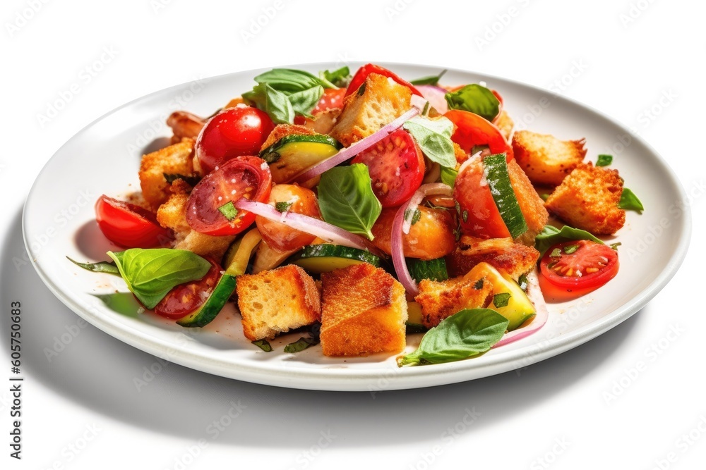 Delicious Plate of Panzanella Salad on a White Background. Generative AI Delicious Plate of Panzanella Salad on a White Background. Generative AI
