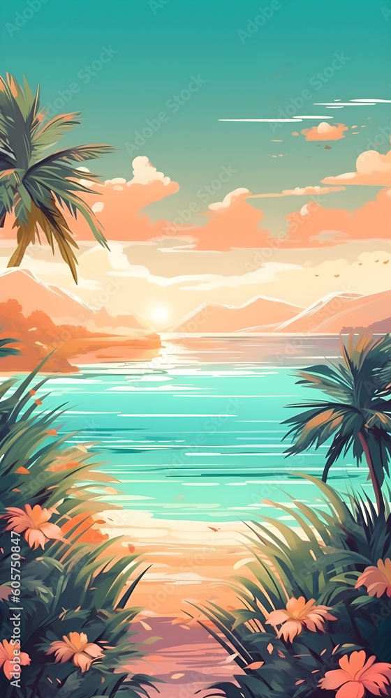 Soft Pastel Summer Concept. Sunset on the Beach with Palm Trees. Mobile Screensaver or Travel Background.