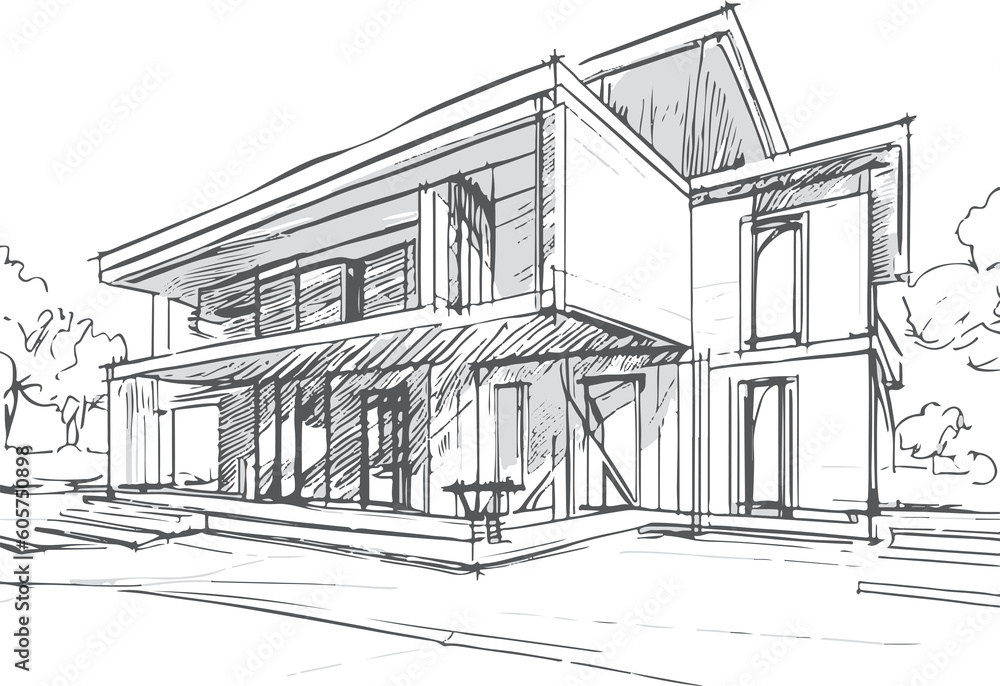 Sketch of a modern house on a white background. illustration