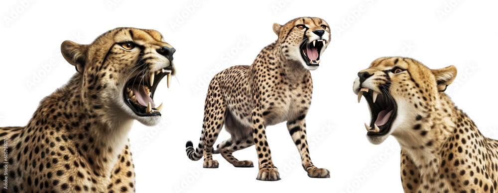 Obraz premium Group of Cheetah isolated on white background, Roaring, open mouth, angry and hungry, Generative AI