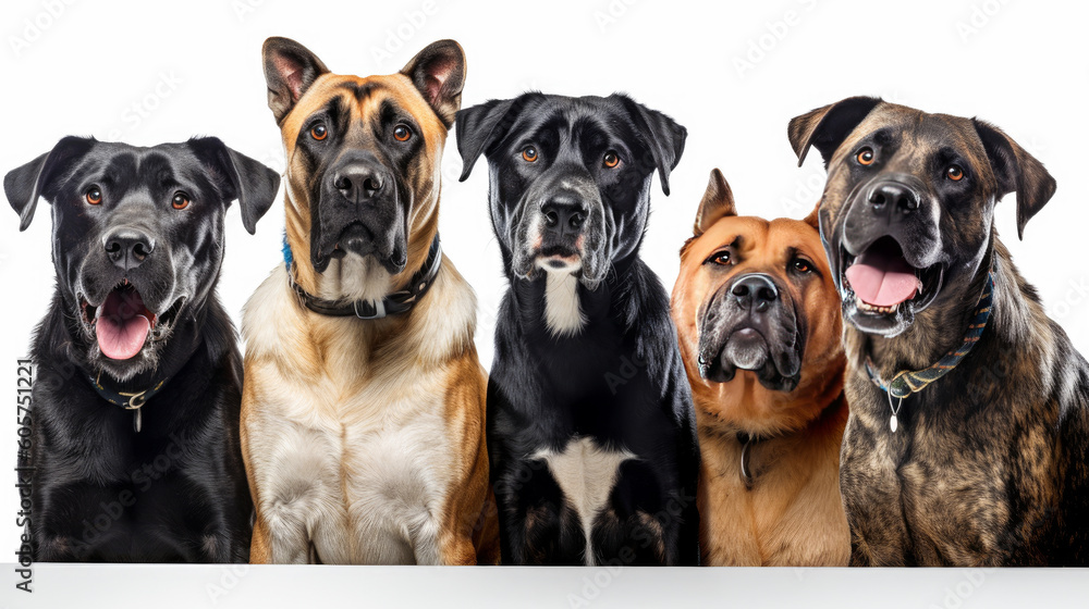 Group of five dogs isolated on white background, Angry and roaring faces Generative AI Group of five dogs isolated on white background, Angry and roaring faces Generative AI