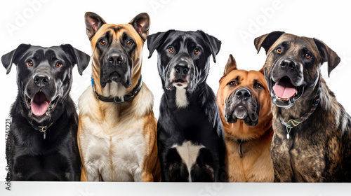 Group of five dogs isolated on white background  Angry and roaring faces Generative AI