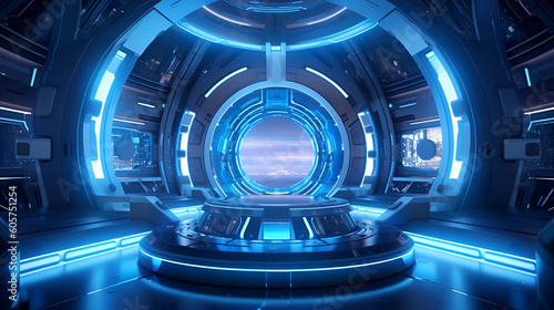 Blue themed futuristic giant laboratory with a cityscape view - Generative AI