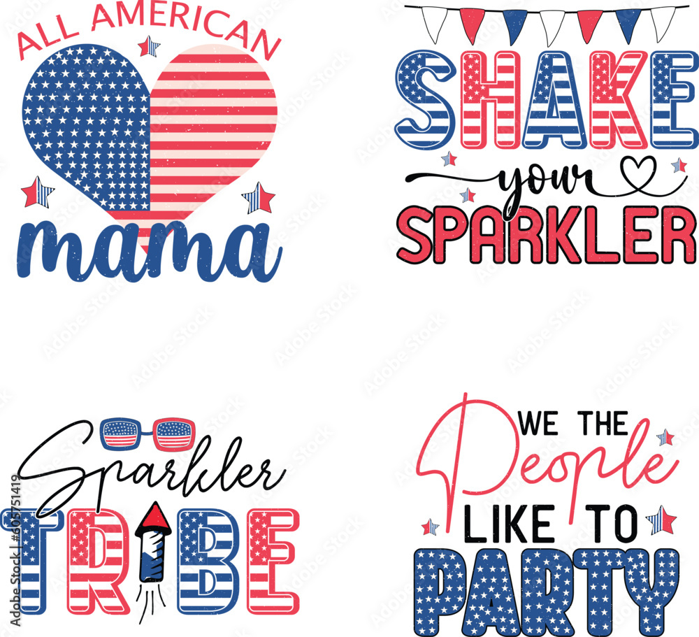 Naklejka premium Happy 4th of July American Independence Day Colorful Graphics Bundle on White Background. Funny Fourth of July US National Patriotic Celebration Typographic Quotes for Print on Demand Business. 