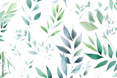 repeat pattern of green watercolor leaves on white background, AI Generative AI © yurakrasil