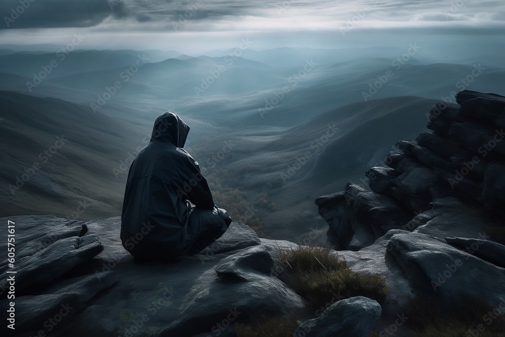 person sitting on the top of a mountain person sitting on the top of a mountain