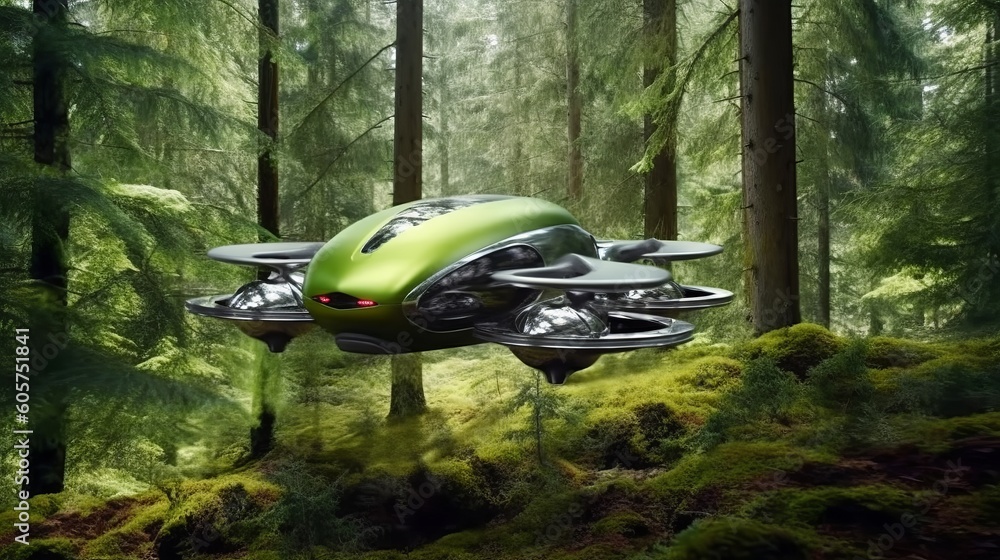 Futuristic drone car flies into the forest among the trees. Generative Ai