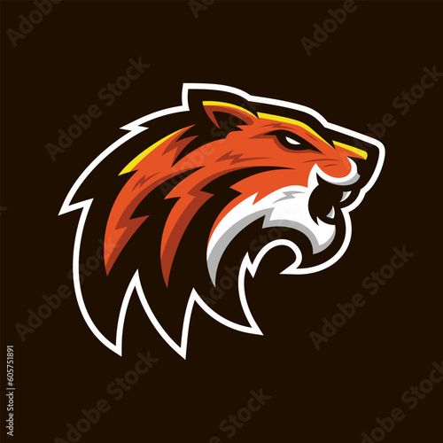 Tiger esport gaming mascot logo design. Angry roaring tiger head badge vector icon